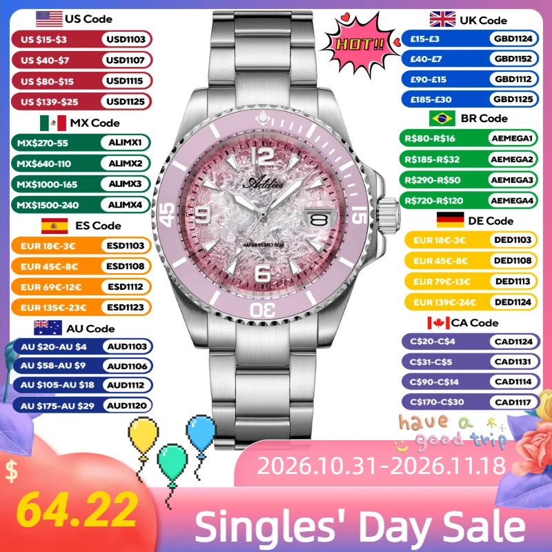 ADDIES New AW25914 Elegant Women’s Watch Date Display Japan GM12 Ceramic Bezel Watches 5Bar Waterproof BGW9 Luminous Wristwatch