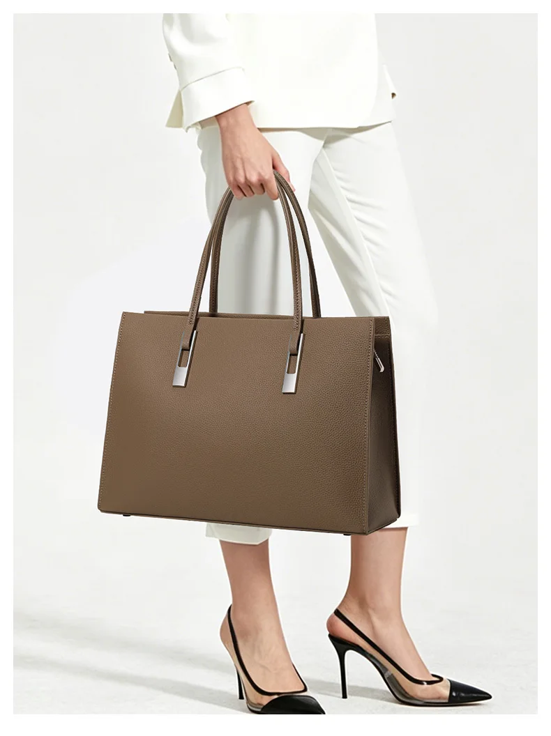 Multi-Pocket-Tasche aus Rindsleder mit großem Fassungsvermögen, minimalistische Damen-Umhängetasche mit Litschi-Textur für Büro, Arbeit, Reisen – Detail 2