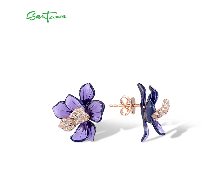 SANTUZZA Ohrstecker aus reinem 925er Sterlingsilber für Damen, funkelnde lila & weiße Emaille-Blume, schicker Hochzeitsschmuck, edler Partyschmuck. – Detail 8