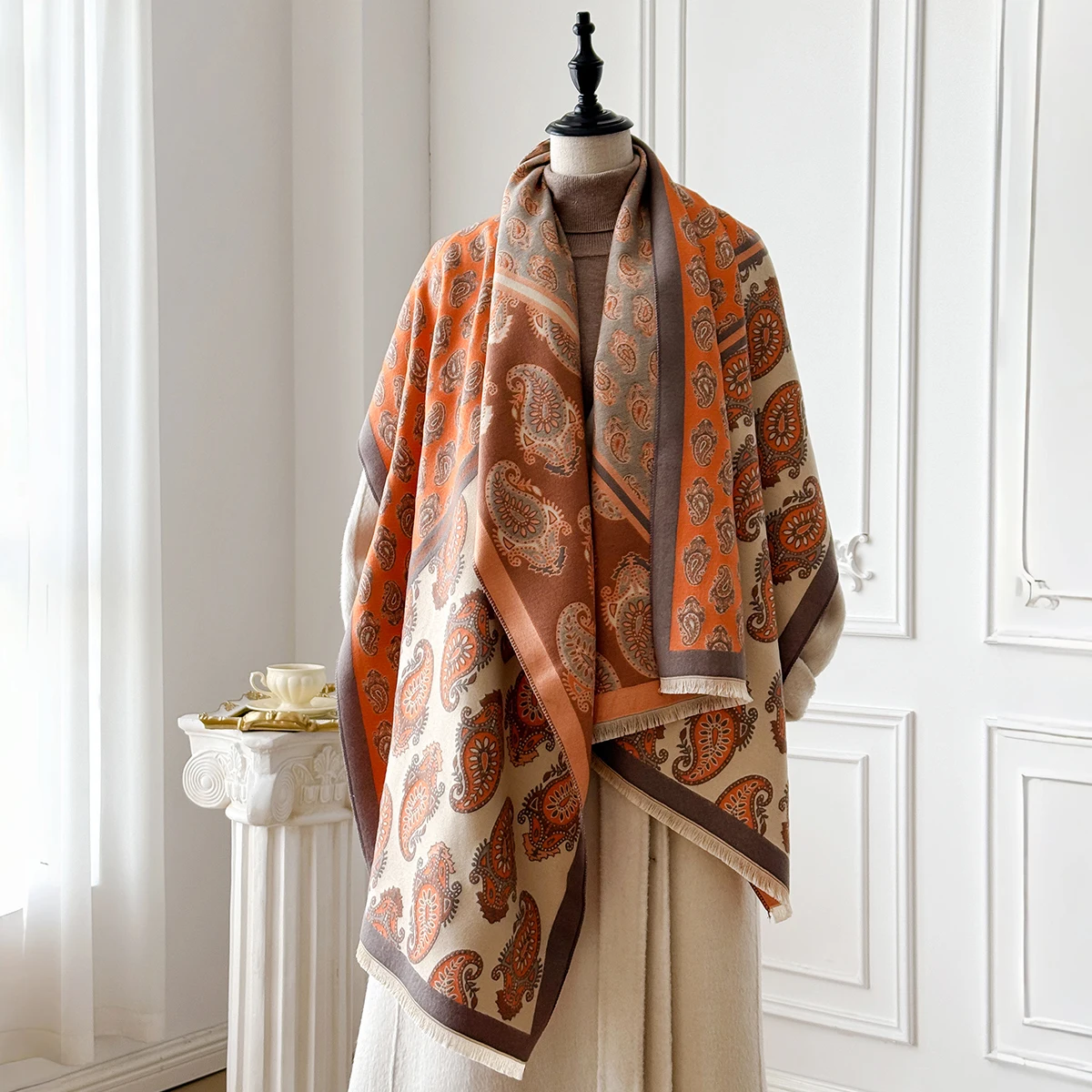 Luxe Merk Warme Fringe Pashmina Sjaal Imitatie Kasjmier Paisley Sjaal Dubbelzijdig Jacquard Winter Koudbestendig Winddicht