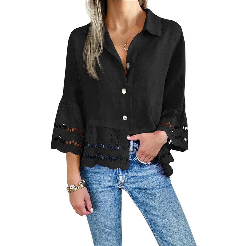 

A83F-Женские рубашки на пуговицах с рукавами-колокольчиками 3/4, повседневные топы с рюшами и подолом, блузка с люверсами