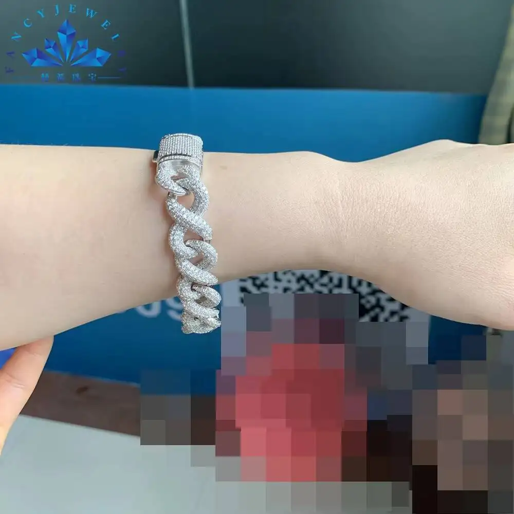 Fashion Wholesale Custom S925 15MM Sterling Silver Bracelet Hip Hop Rap Iced Moissanite Full Diamond Twisted Miami Cuban Chain M