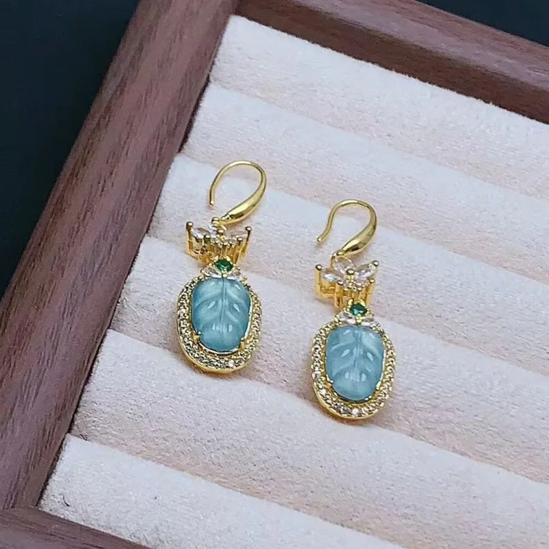 

Серьги из натурального опасного материала с синим нефритовым листом в национальном модном стиле, инкрустированные медными серьгами