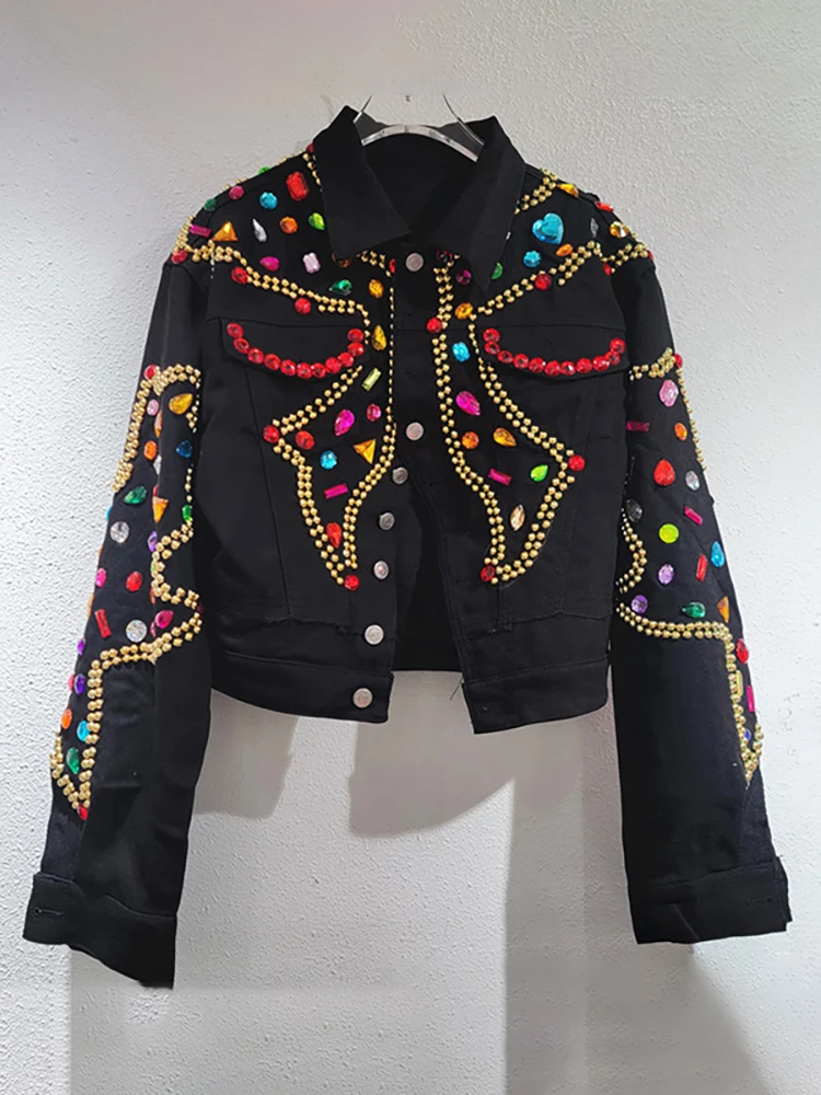 DEAT Women's Denim Coat Embroidered Flares Color Crystal Patchwork Single Breasted Short Jackets 2024 Autumn New Fashion 29L8034