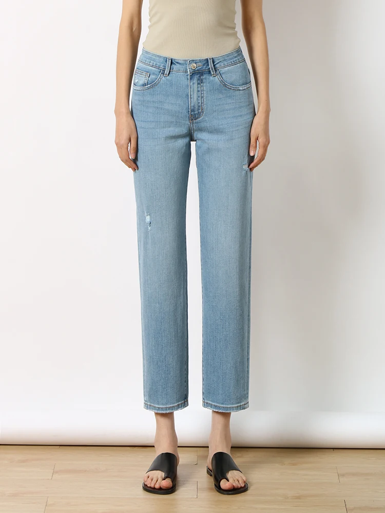 

Женские джинсы с высокой талией из хлопка с эластаном, прямые, утягивающие, весна-лето, укороченные, облегающие, фасон «французский хлеб»