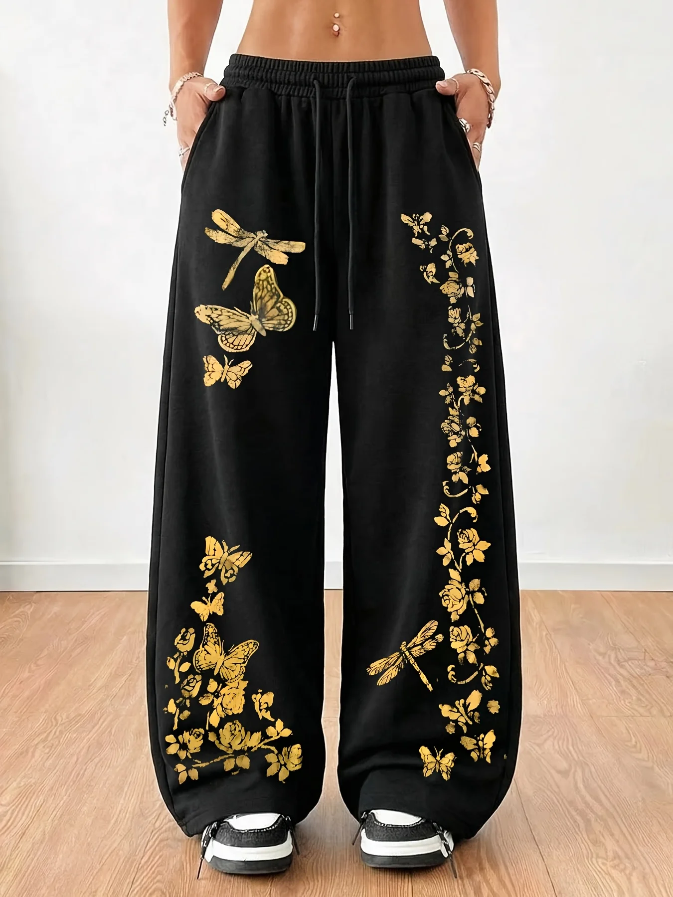 Ladies' Casual Jogging Pants, Butterfly Dragonfly and Floral Printed Street Spicy Style Versatile Pants
