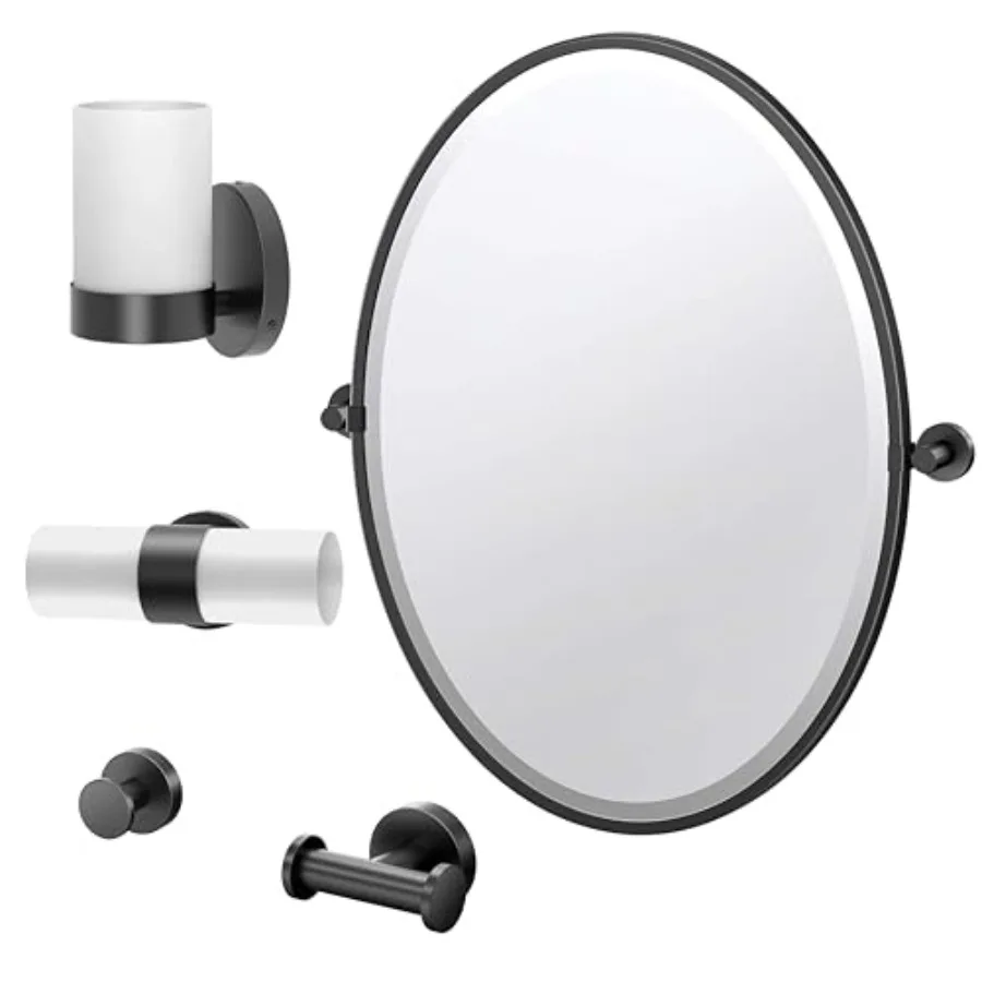 

Набор аксессуаров для ванной комнаты Glam: овальное зеркало в раме, крючки для халатов, настенные светильники, матовая черная отделка