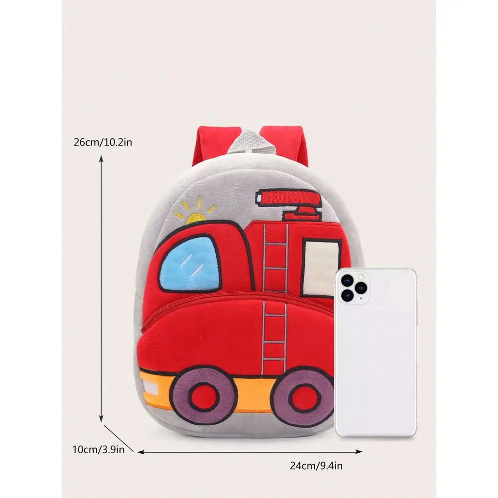 Plush Cartoon Fire Truck Pattern Backpack, Suitable For 24 Years Old Boys Girls, Daily Use