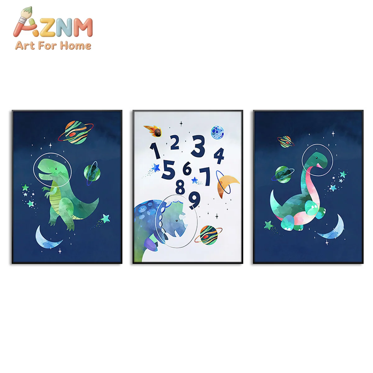AZNM Space Astronaut Dinosaur Canvas Wall Art Planet Moon Number Watercolor Frameless Canvas Painting Nursery Kids Room Home Dec