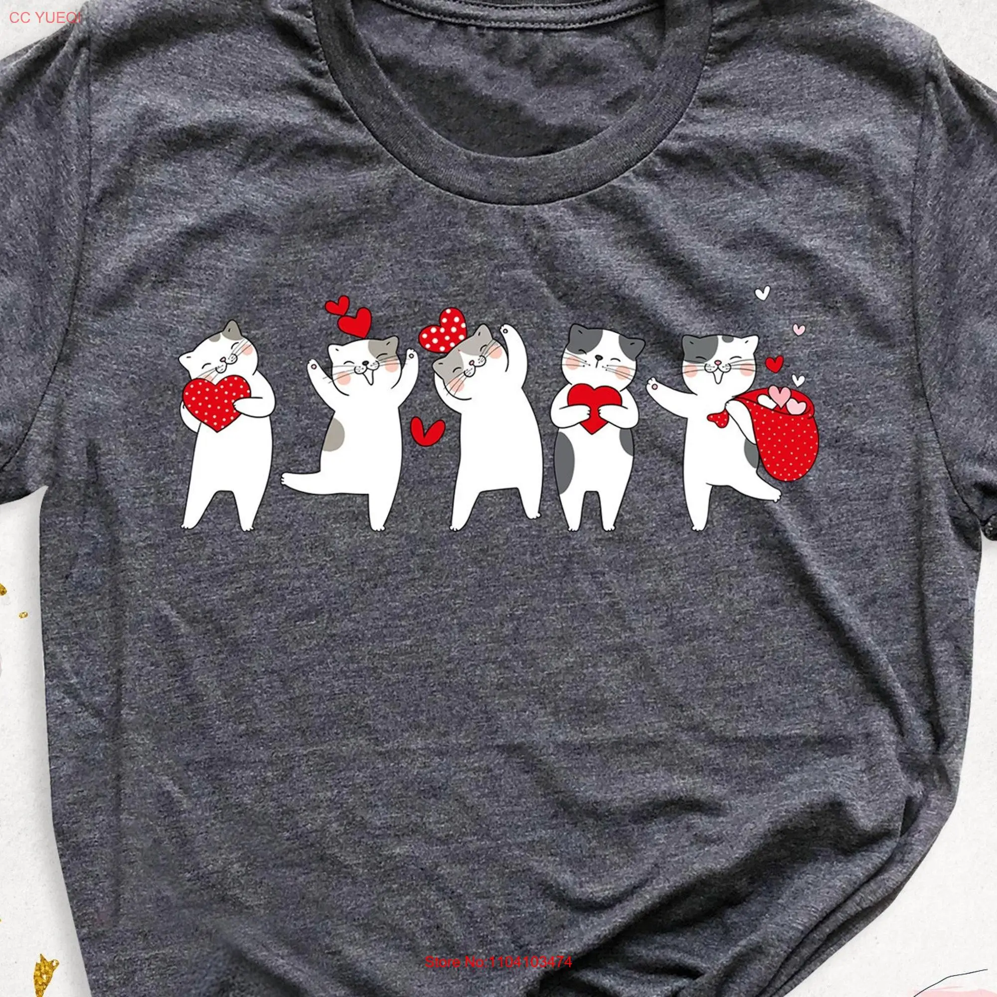 Cute Cat Valentine T Shirt Lover Hearts Girls Valentines Day Mom for Women long or short sleeves