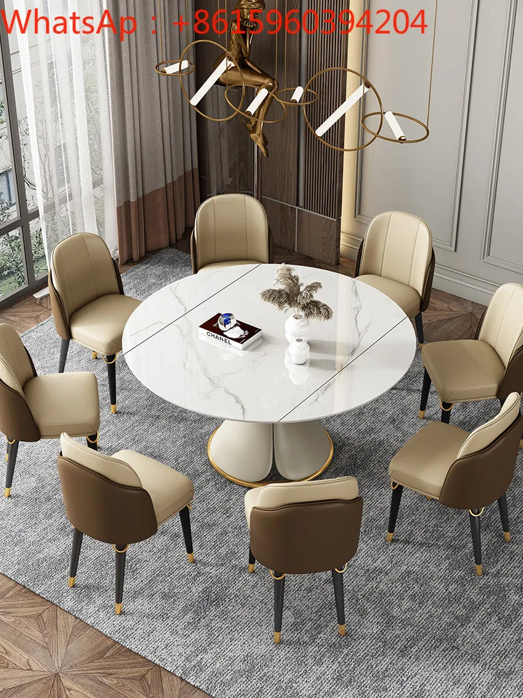 

Rotating and stretching rock plate round dining table Italian style light luxury modern simple dining table and chair combinatio