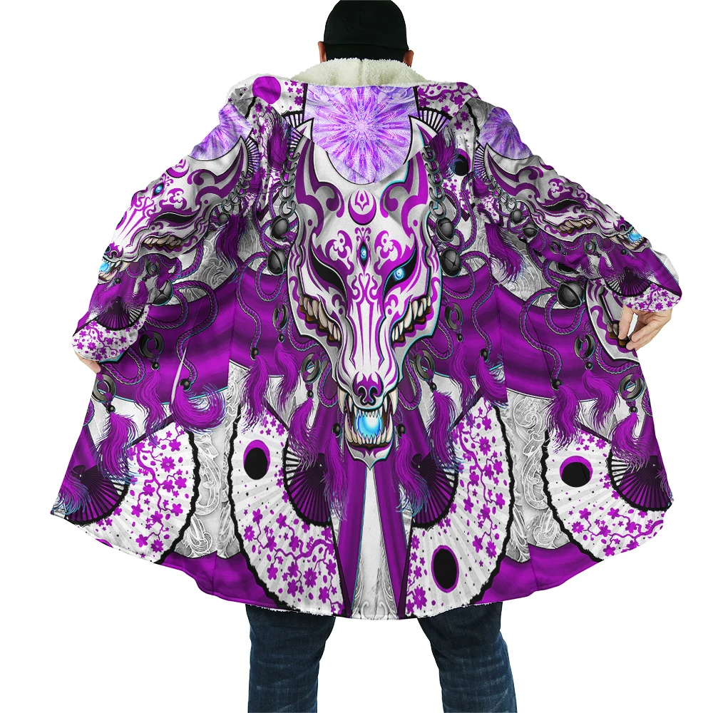 CLOOCL Winter Mens Cloak Janpanese Art Purple Fox Ninja Mask Printed Windproof Fleece Cape Hooded Blanket Dropshipping