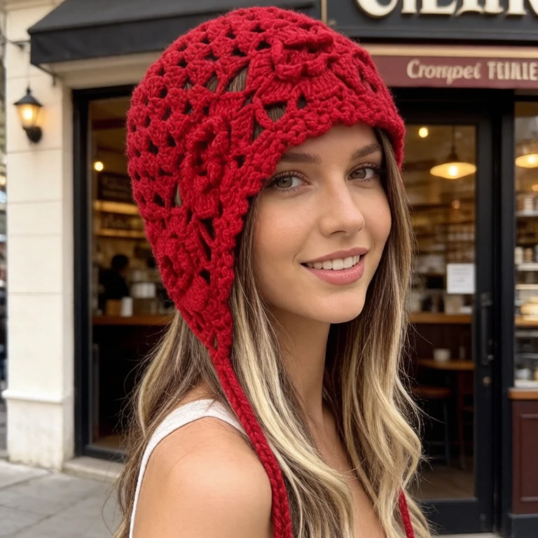 Handmade Hollow-Out Knitted Hat, Vintage Versatile Floral Headwrap Hat for Women, Ethnic Style Crochet Tassel Ear-Protecting Pullover Hat