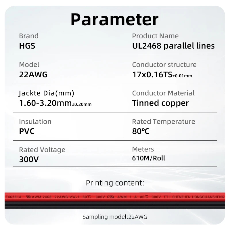 Flat Cable Fio Paralelo, Fios LED Strip, Branco e Preto, UL2468, 22AWG, 2Pin, 3Pin, 4Pin