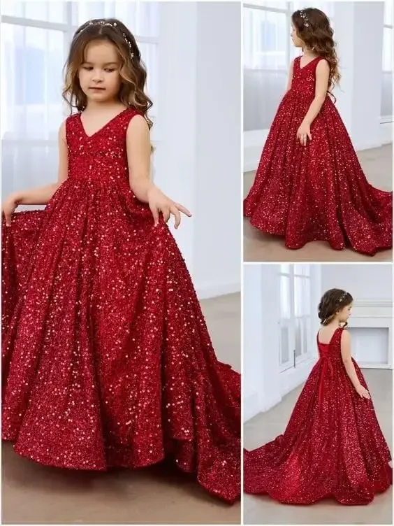 Party Dresses V Neck Sequin Pageant Dresses for Girls Sparkly Ball Gown Flower Girl Gowns Princess Kids Toddler Communion Dress