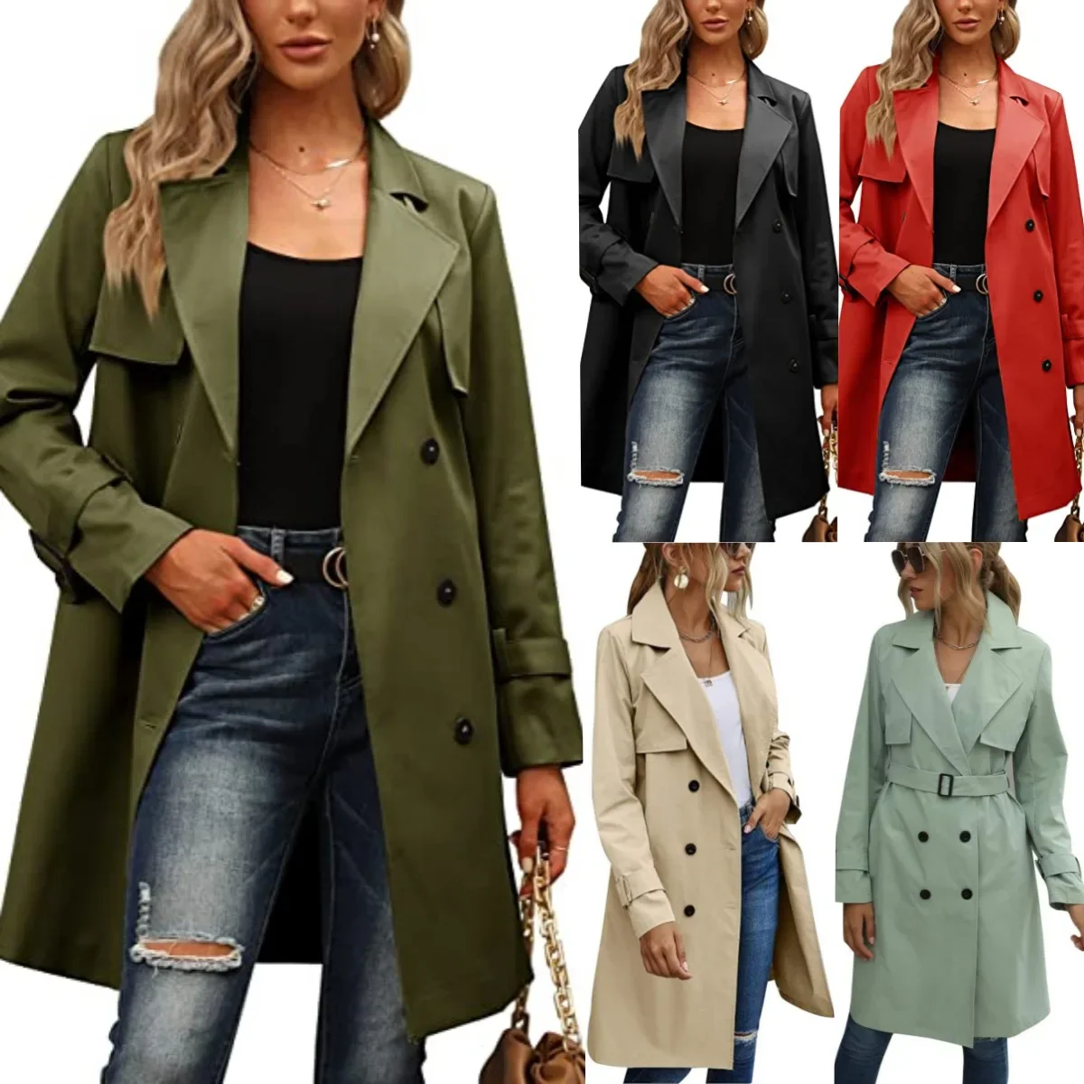 

Windbreak Outwear Winter and Autumn Women's Jackets Double-breasted Fashion Casual Trench Coat Solid Color Trench Jackets