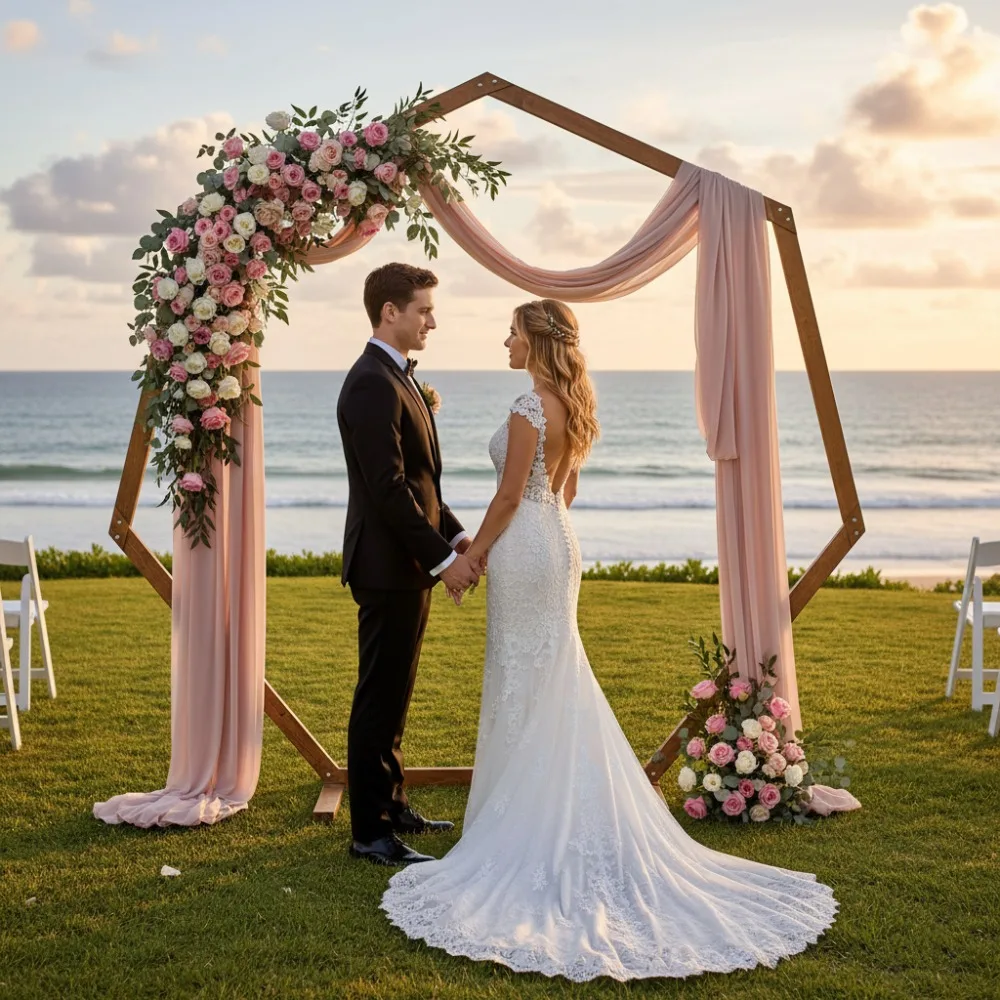 

Wooden Wedding Arch Frame Windproof Polygonal Wedding Backdrop Support Outdoor Lawn Wedding Flower Stand for Party Anniversary
