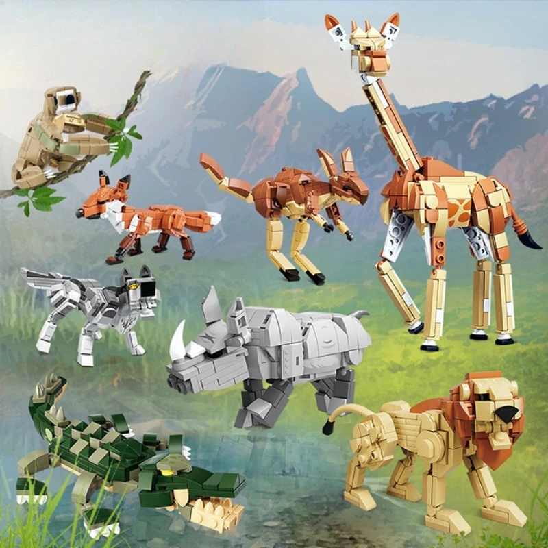 Kids Building Blocks - Animal World Series Giraffe Kangaroo Fox Wolf Rhinoceros Lion Assembly Model