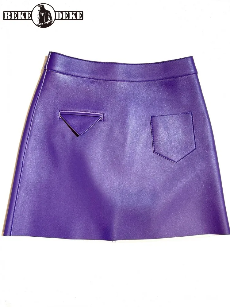 Fashion Solid Color Women Genuine Leather Skirt Back Zipper High Waist Wrap A-Line Skirts Real Sheep Leather Female Short Skirts
