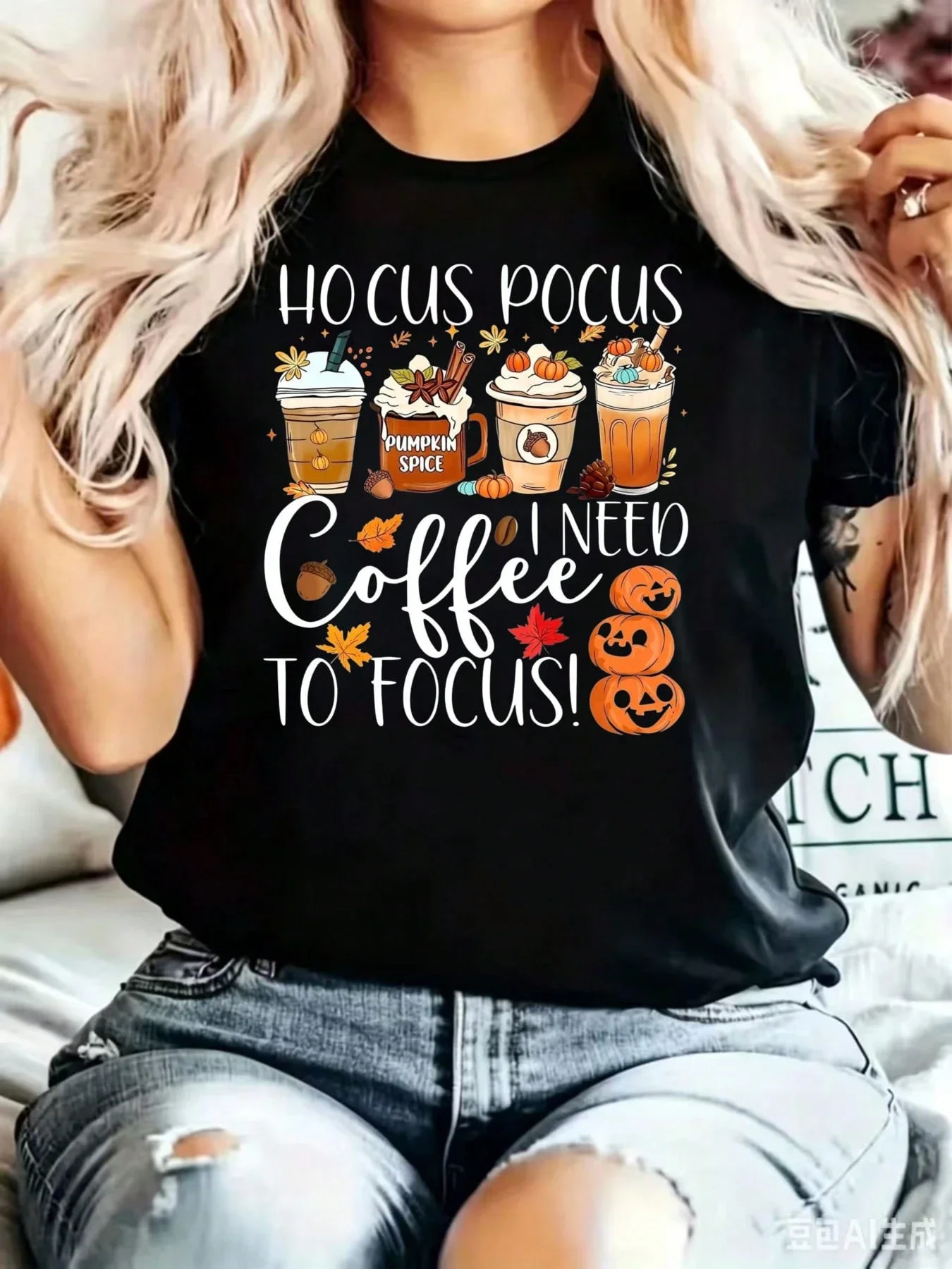 I Need Coffee To Focus Pumpkin Spice Fall Halloween Graphic Women's Large T-Shirt, Casual Autumn Gift For Wife Girlfriend, Tee