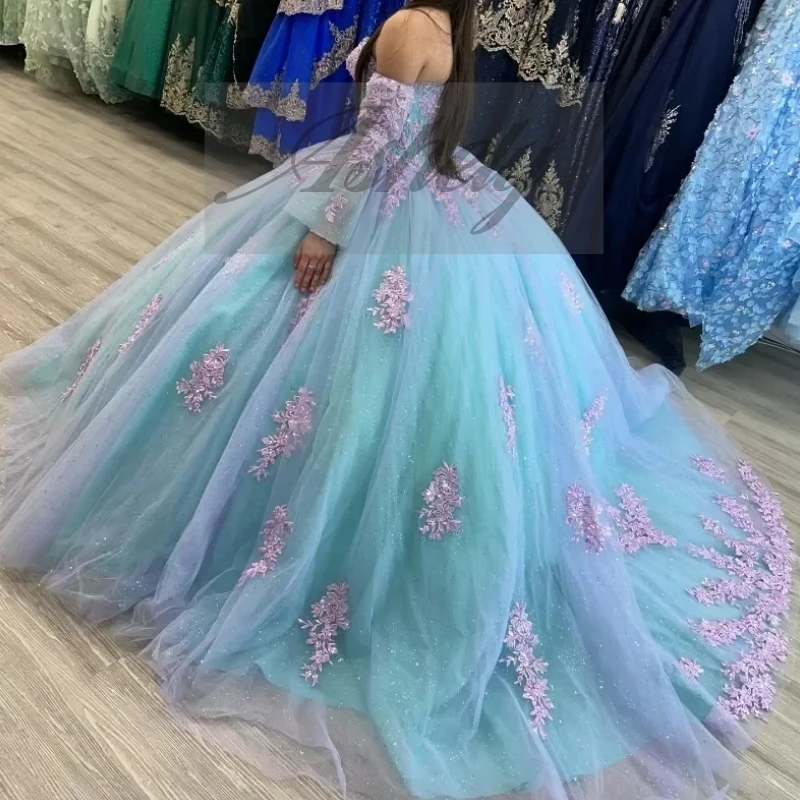 

Customized Turquoise Quinceanera Dresses Ball Gown Lace Applique Corset Puffy Tulle Skirt Prom Party Dress Vestido De xv Anos