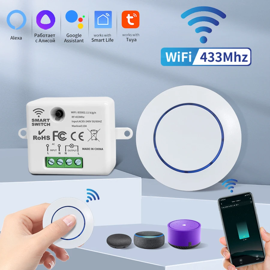 Tuya WiFi Smart Switch Relay Module RF 433Mhz Wireless Mini Round Button Controller Timer Voice Control with Google Home Alexa