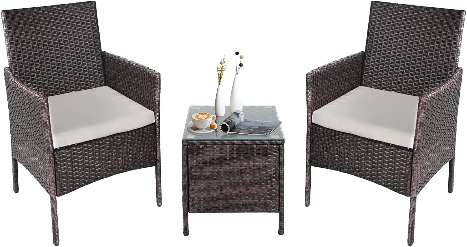 

3-piece terrace tavern set brown wicker outdoor chair set with coffee table
