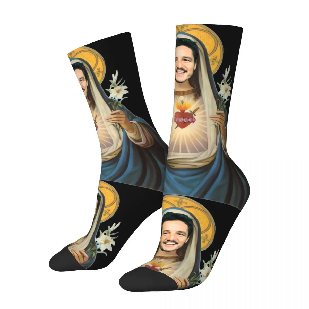 Fashion Pedro Pascal Sacred Heart Theme Print Crew Socks Merchandise All Seasons Parody Super Soft Crew Socks Sweat Absorbing