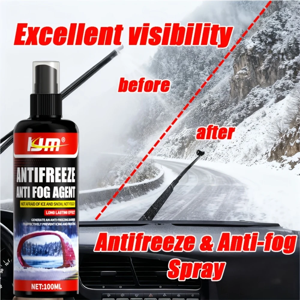 100ml Multi-Purpose Winter Glass Anti-Freeze & Fog Spray, Car Windshield Defogging Solution for Rainy, Foggy, Snowy Conditions,