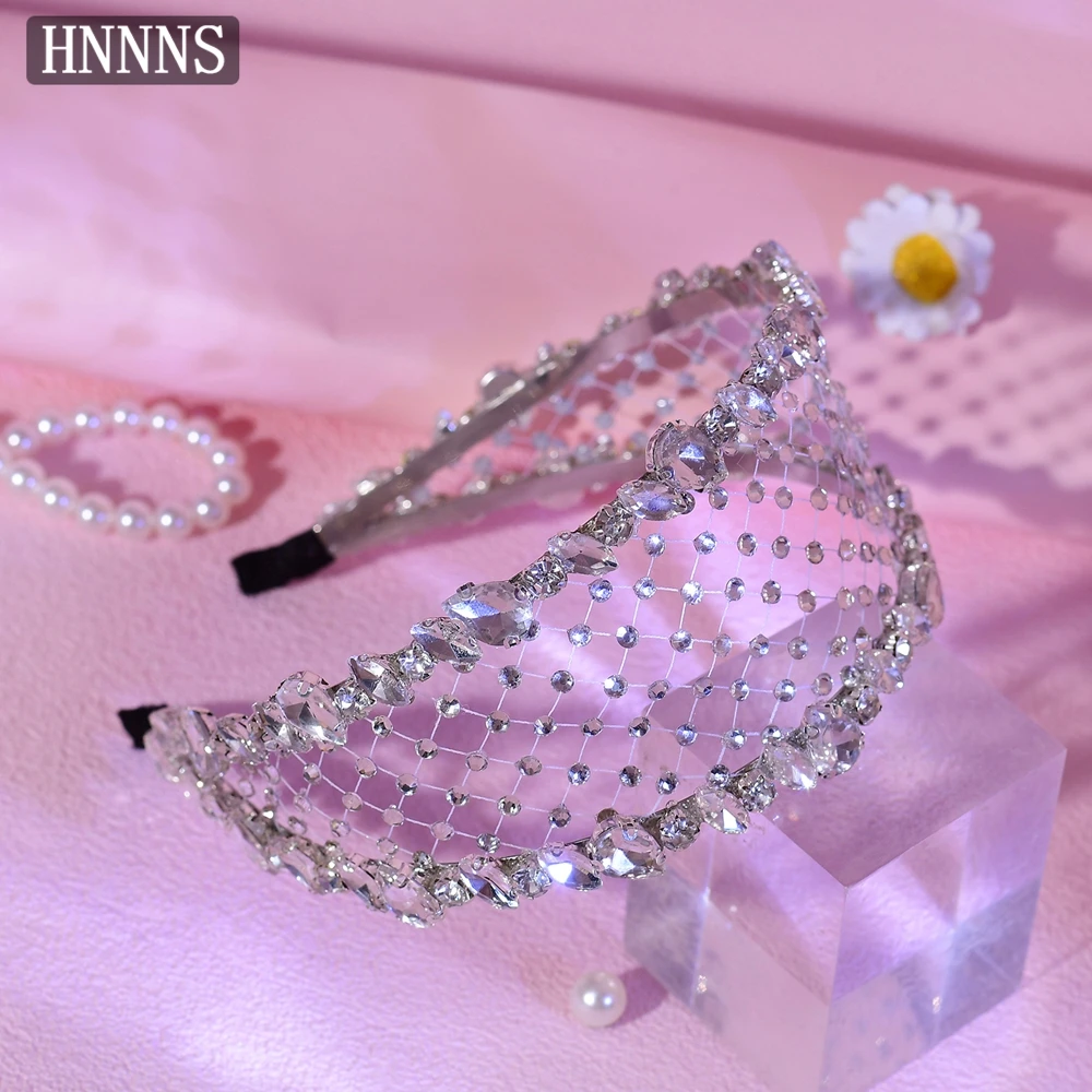 

HNNNS Luxury Rhinestone Hair Accessories Handmade Woven Grid Headband Wide Brimmed Hairband Modern Bridal Headdress A161