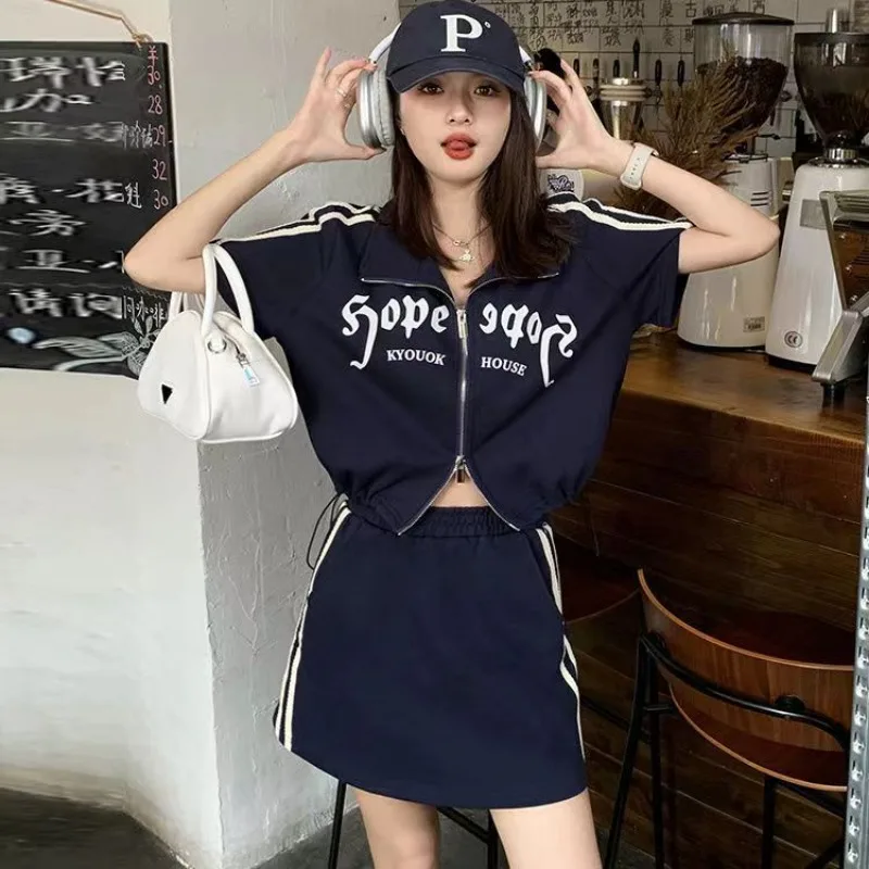 

Women Clothes Summer Korean Fashion Zipper Solid Color Stand-up Collar Short Sleeve Femme All-match Skirt Two-piece Set Suit