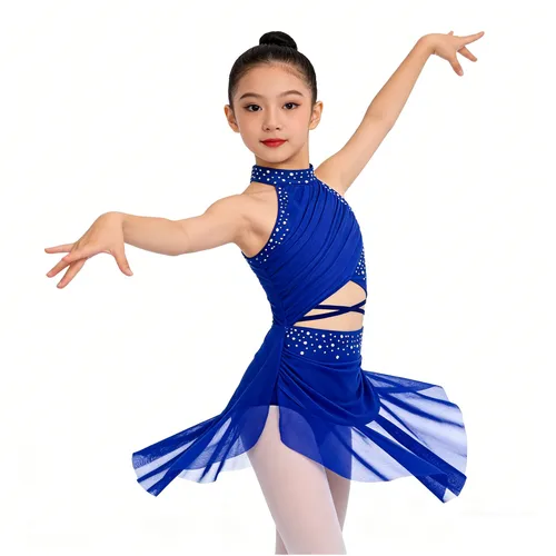 Imagen 2 del producto Niños Niñas Rhinestone patinaje artístico gimnasia rítmica Ballet Jersey lírico latino danza moderna superposición leotardo tutú vestido