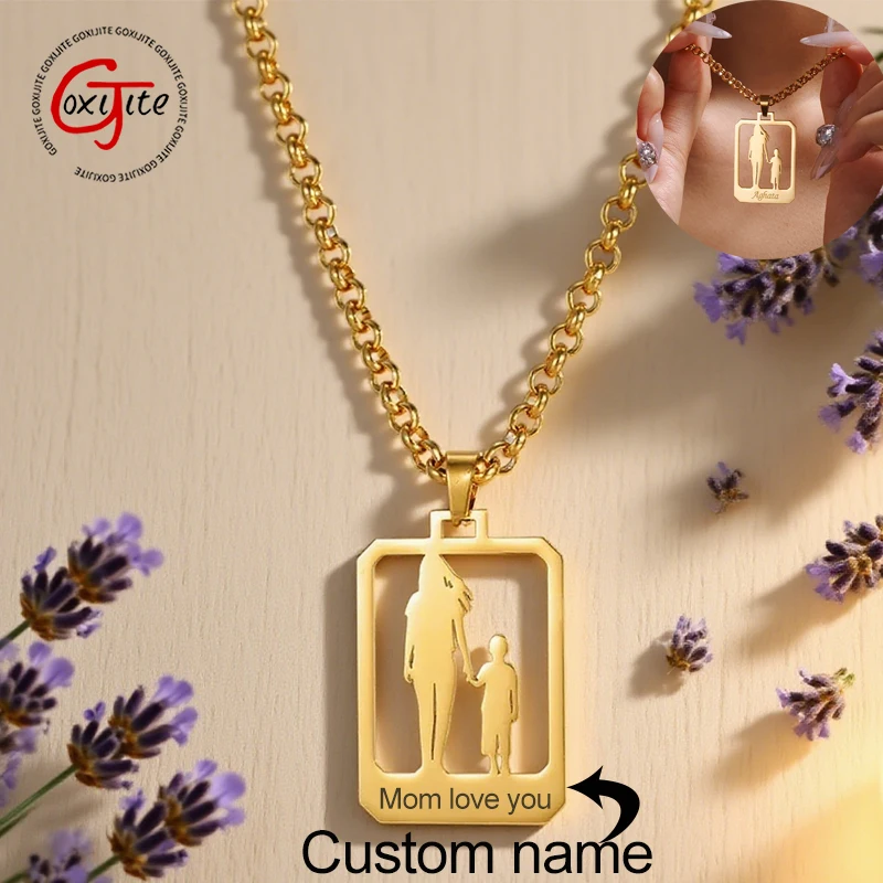 Goxijite Personalized Pendant Laser Marking Name Date Necklace Stainless Steel Square Nameplate Mother Kid Birthday Jewelry Gift