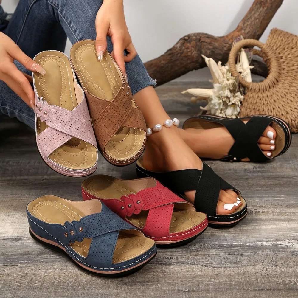 Women Crisscross Rivet Wedge Slides Orthopedic Arch Support Perforated Summer Platform Sandals