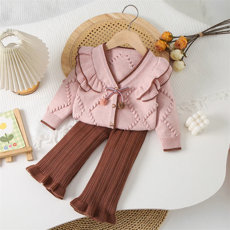 

Spring Children Kids Girls Clothing Sets Long Sleeve Knitted Sweater Cardigan Flared Pants 2 Pcs Toddler Clothing Costumes