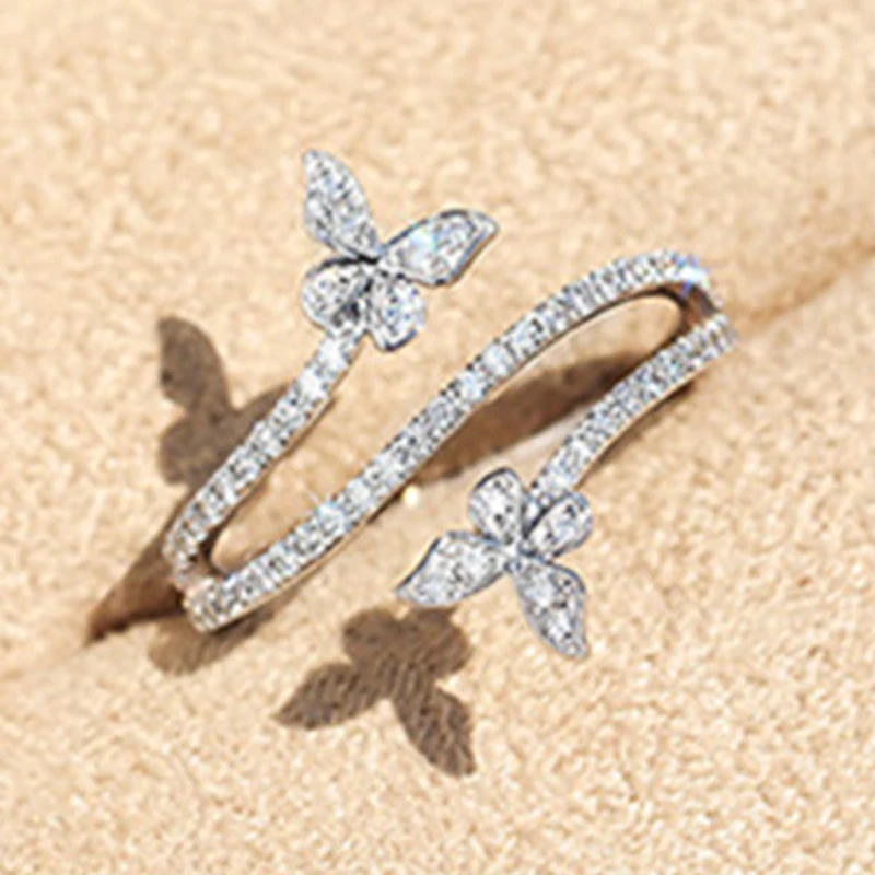 Huitan Aesthetic Butterfly Rings with Sparkling Cubic Zirconia Exquisite Accessories for Women Wedding Engagement Bands Jewelry