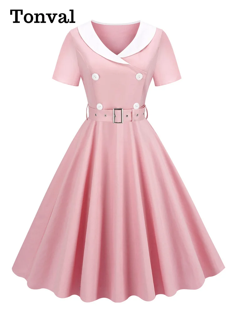 Tonval 1950s Women Vintage Summer Shawl Collar Double-Breasted Belted Elegant Dress Short Sleeve Cotton Midi Dresses 2026