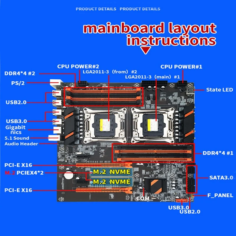 Imagem -02 - Placa-mãe Lga 20113 Suporte Duplo Cpu Ddr4 Memória 8x32g para Lga 2011-3 Xeon e5 Series X99