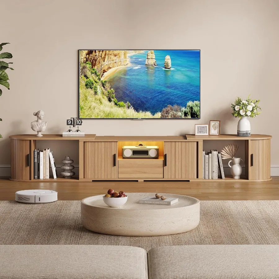 Expandable Free Standing TV Stand for 65 Inch TV, Rounded Corner Media Console with Sliding Tambour Doors, Drawer and LED Light