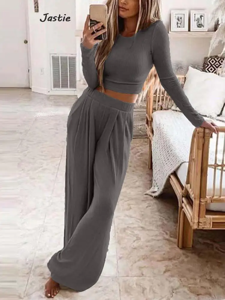 Autumn Solid Two Pieces Suits Women Slim Knit Sweater With Loose Wide-leg Pants Sets Casual Simple Elastic Waist Trousers Suits