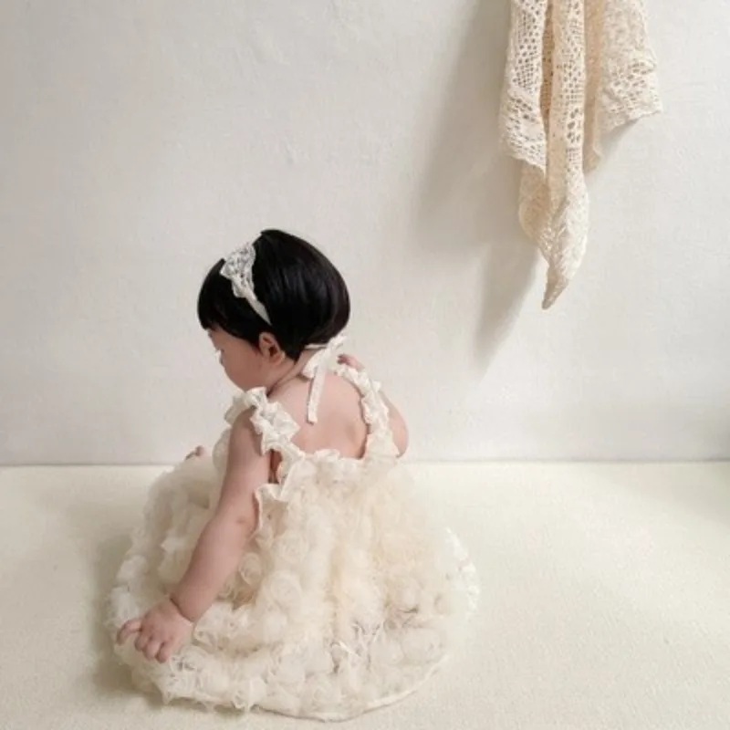 Rose Sweet Cute One Year Old Baby Photography Princess Dress Solid Color Ceremony Dress Lace Strapless Skirt