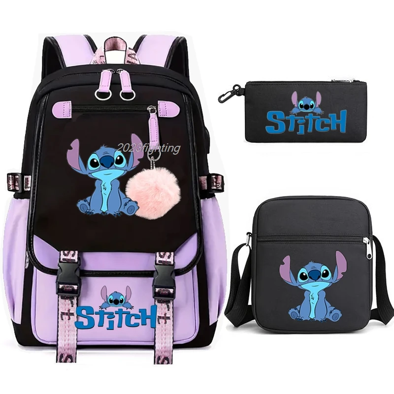 Loli Stitch Backpacks USB 3PCS Large Shoulder Bag Travel Backpack Patchwork Laptop Student School Bags Bagpack Mochila