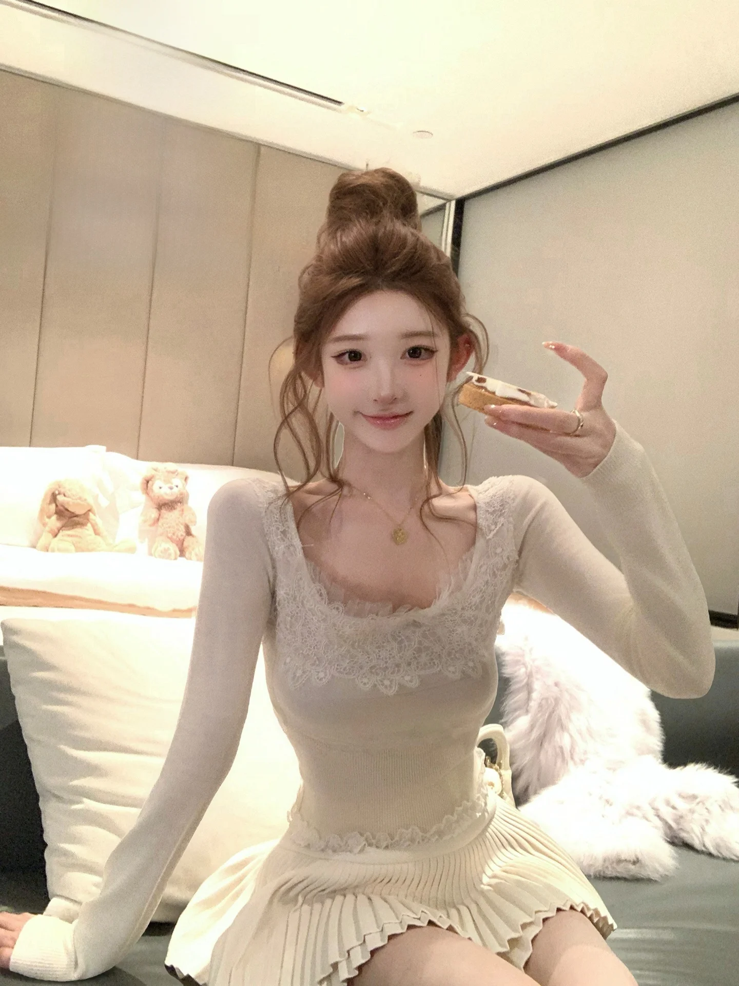 

Miss Lace Splicing Woolen Knitted Top Base Layer Inner Wear Women's Long Sve Pullover Regular Thin Autumn Faion