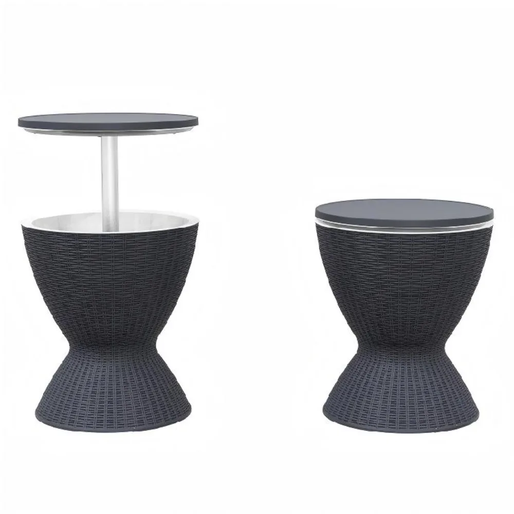 Black 8 Gallon 2 Height Adjustable Outdoor Table with Drain Plug, Imitation Rattan Freezer Side Table