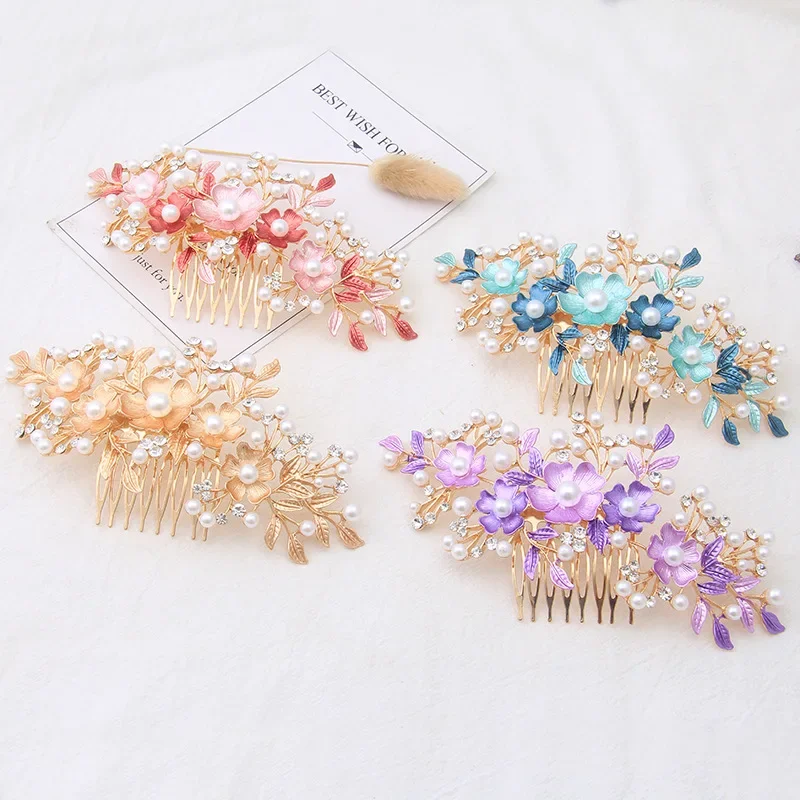 Baking Paint Flower Hair Comb for Women Bridal Pearl Purple Hair Accessoires Brides tiaras and headdresses Wedding Party Jewelry
