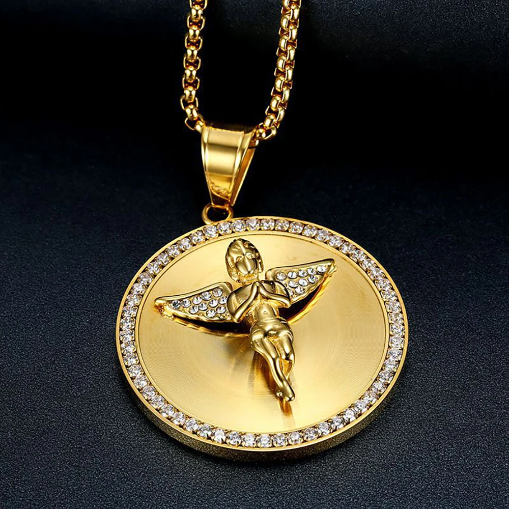 Hip Hop Iced Out Big Angel Pendant Male Gold Color Stainless Steel Round Necklace for Men Punk Fashion Jewelry Birthday Gift view 3