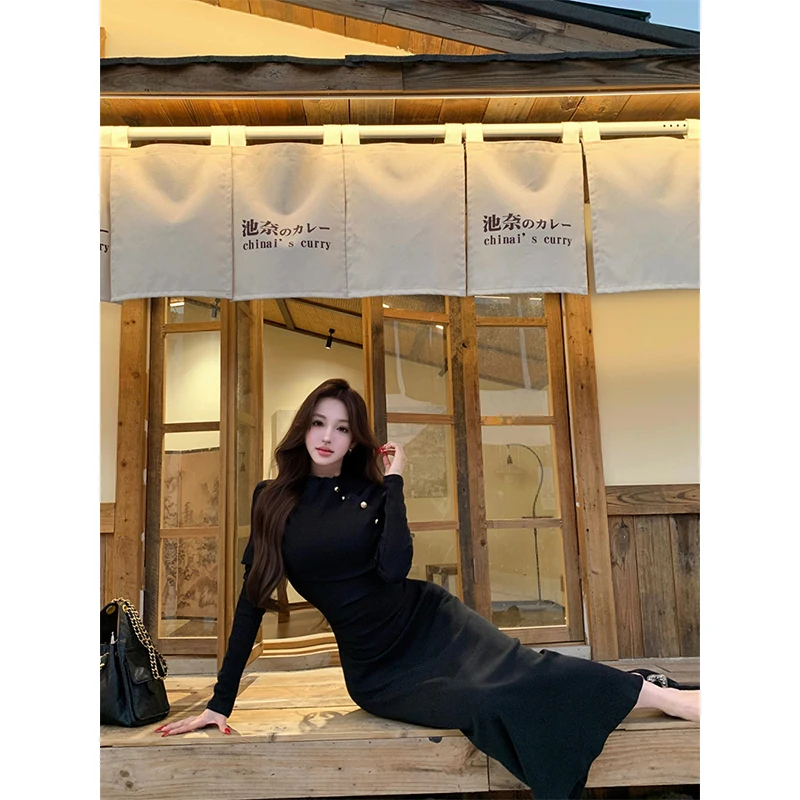 Abito longuette lavorato a maglia nero vintage da donna elegante abito maglione patchwork da festa abiti invernali coreani a maniche lunghe aderenti