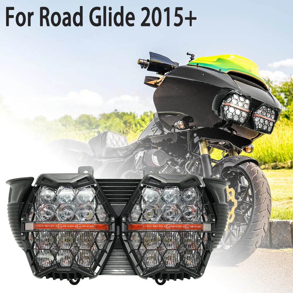 Motorcycle Headlight Assembly DRL For 2015-2023 Harley Road Glide E24 LED Headlight Daytime Running Lamp Plug and Play