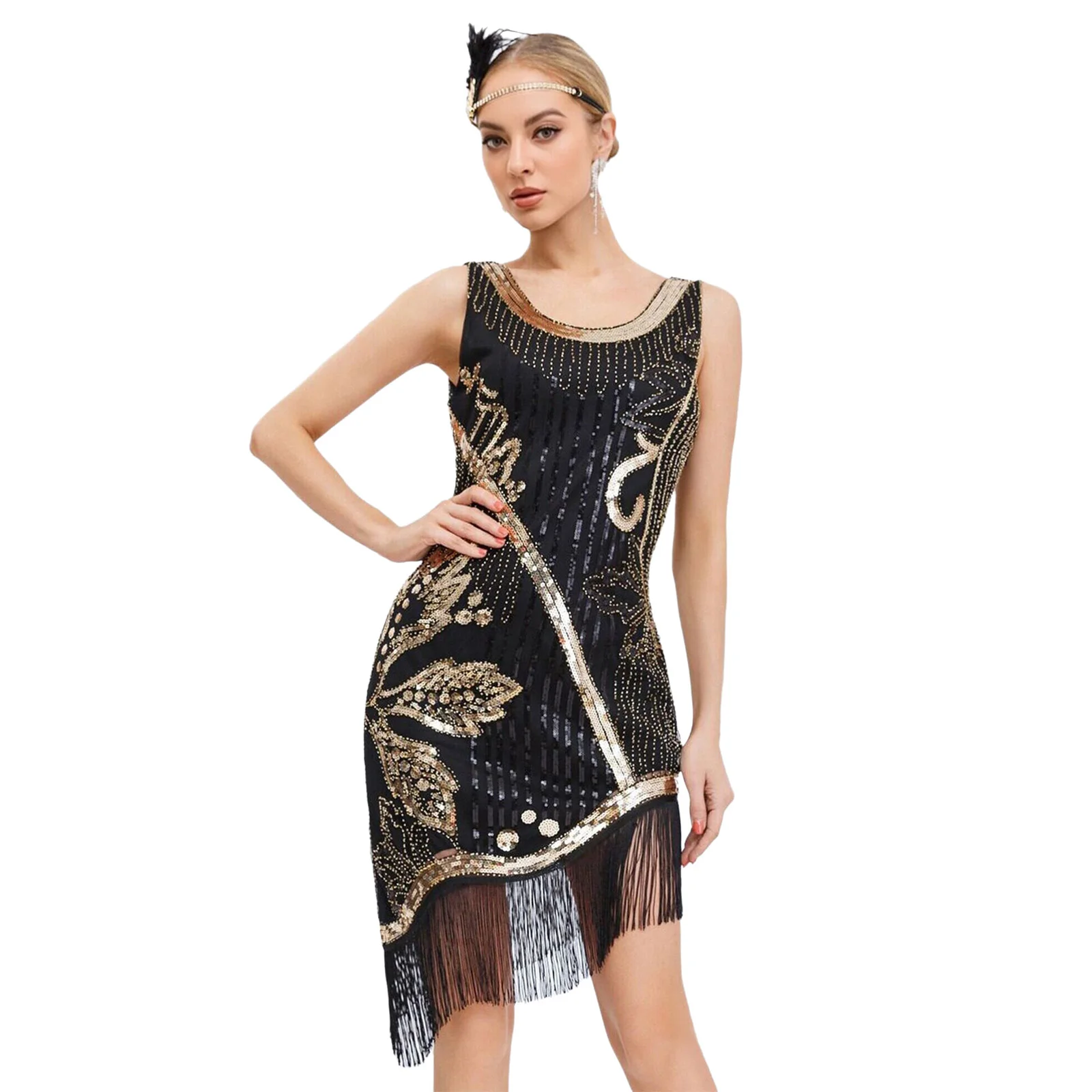 

Womens Flapper Party Dress Shiny Sequined Pattern Irregular Hem with Tassel Sleeveless Bodycon Dress for Cocktails Dancing Proms