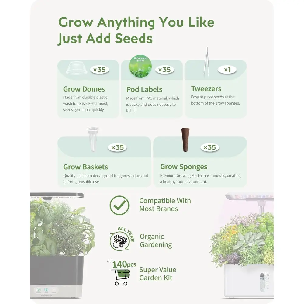 نظام الزراعة المائية المكون من 140 قطعة: متوافق مع AeroGarden، أساسيات مجموعة الأعشاب - الإسفنج والسلال والقباب والملصقات
